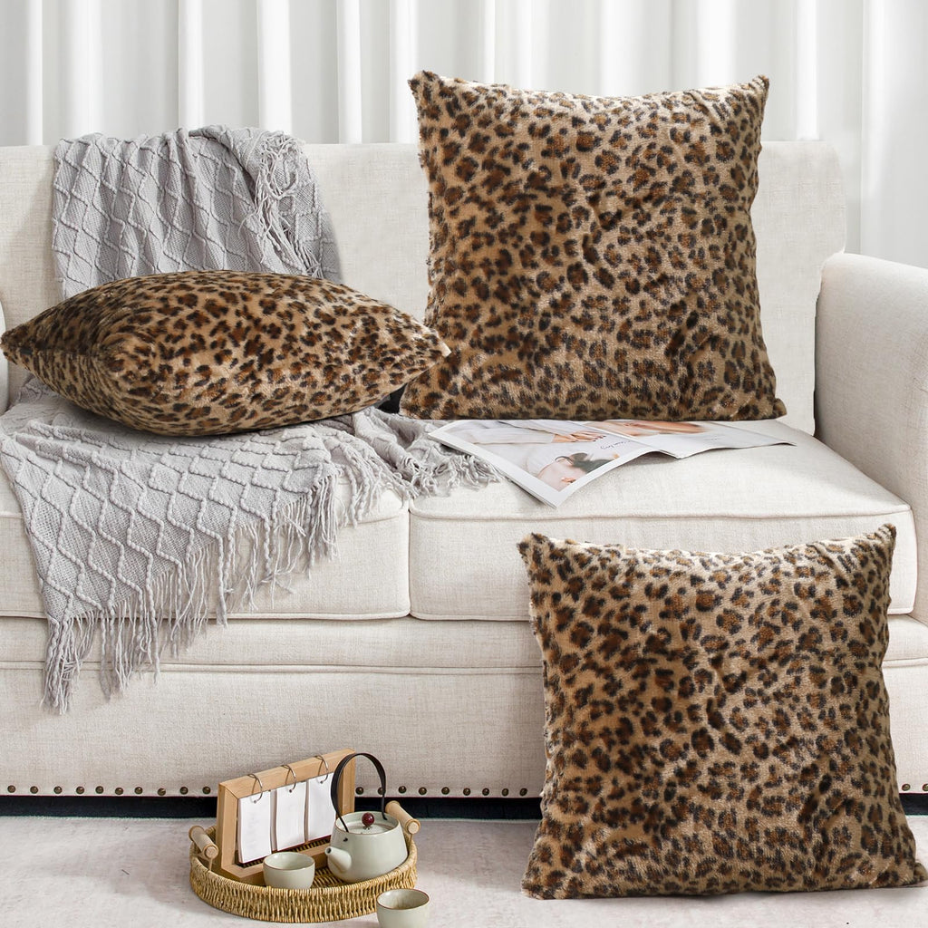 4 Pack Soft Plush Leopard Print Pillow Covers, Animal Theme Print Faux Fur Decorative Throw Pillowcase Home Decor