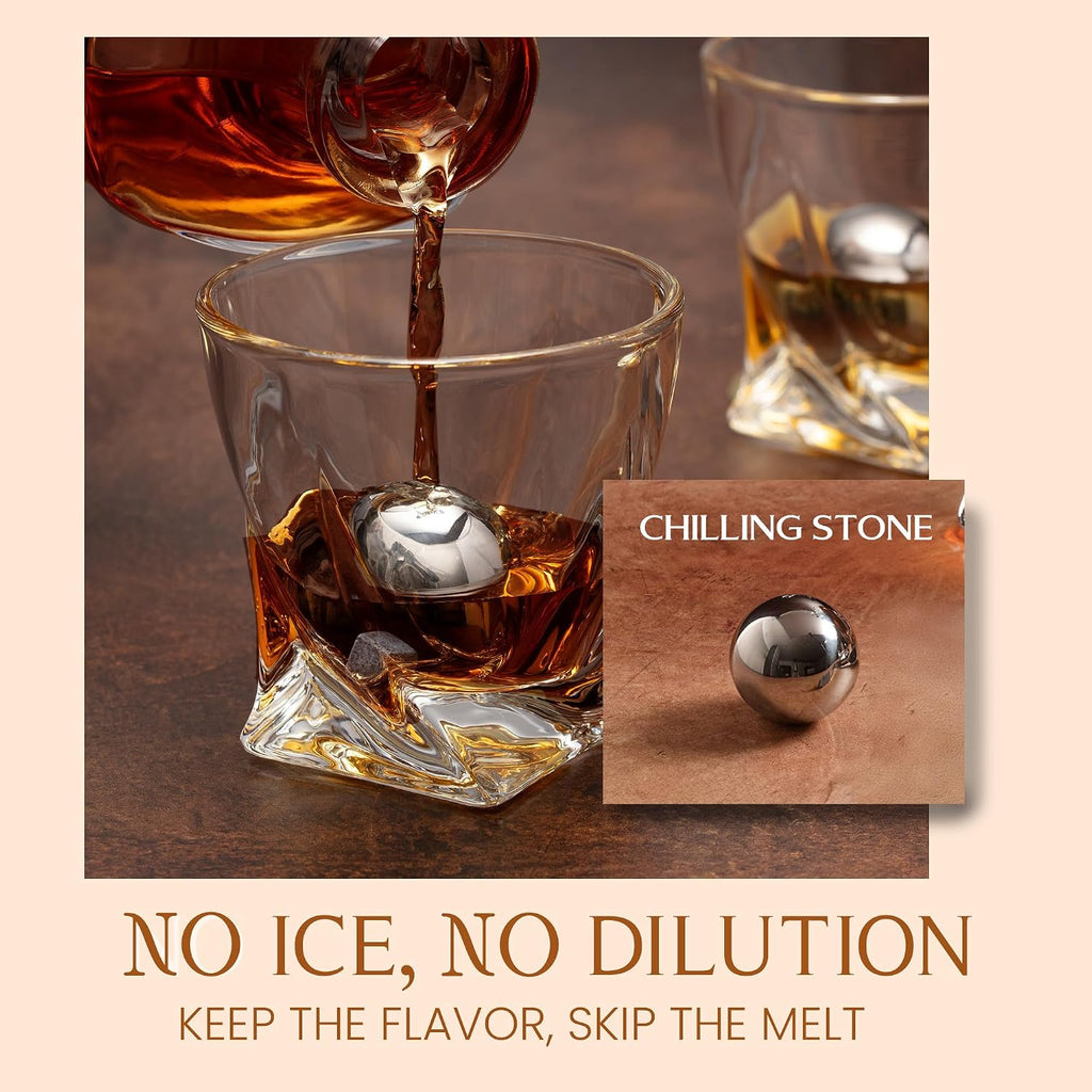 Crystal Whiskey Decanter Set 24oz With Glasses & Chilling Stones - Features Stainless Steel Whiskey Balls, Slate