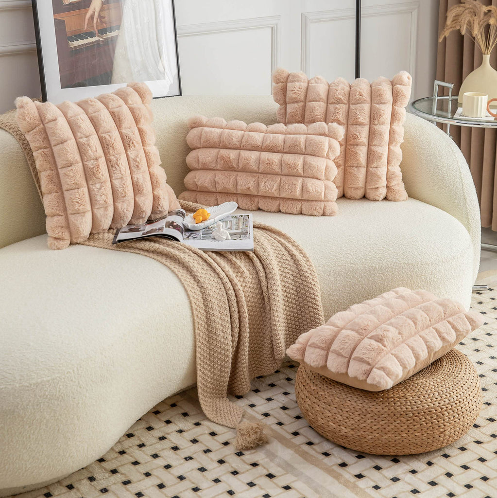 Camel Faux Fur Cozy Soft Plaid Decorative Throw Pillow Covers 16x16 inch Set of 2, Velvet Pillowcase Cushion Case for
