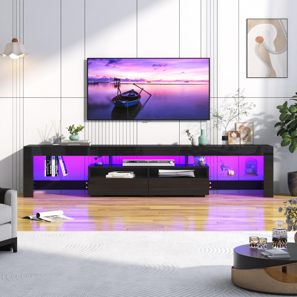 86.6in TV Stands for 85/90/95 inch TV, Modern LED, Black TV Stands, High Gloss TV Entertainment Center with Storage