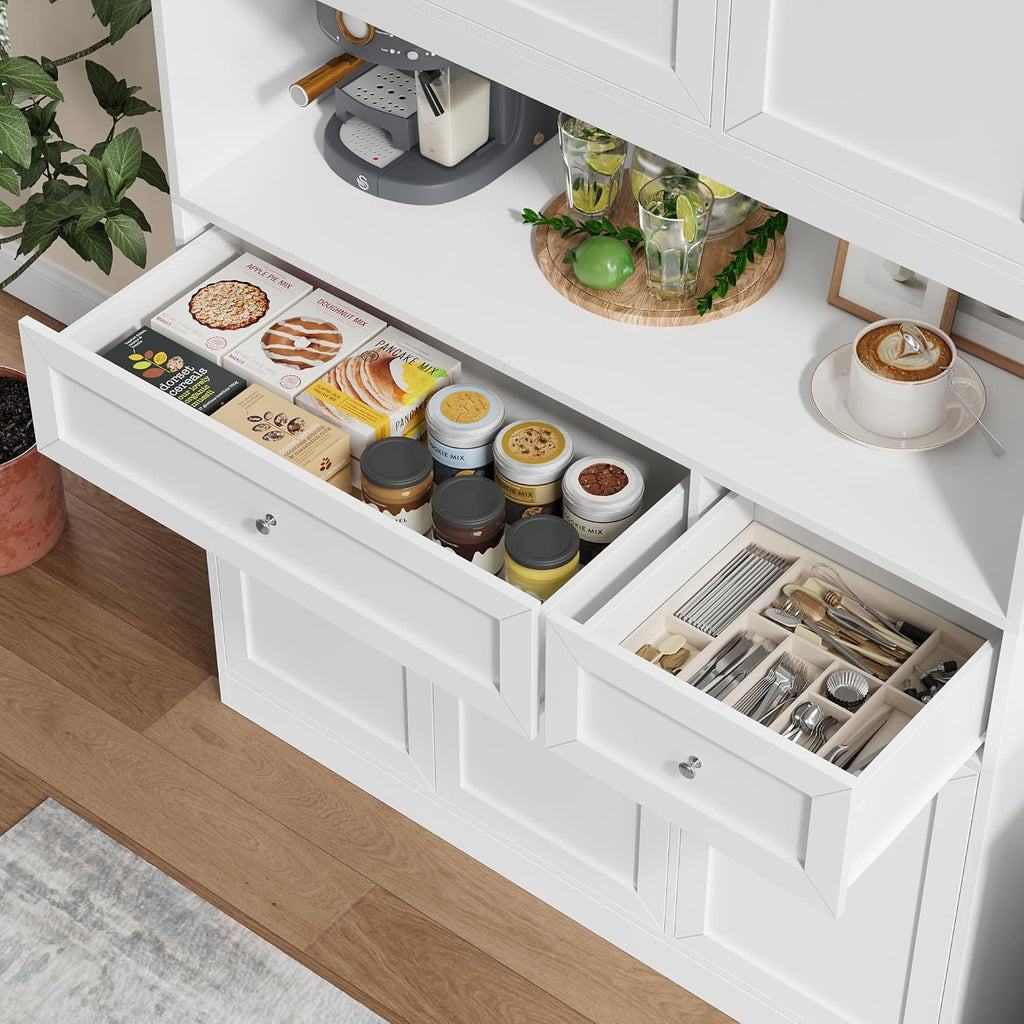 72" Kitchen Pantry Cabinet, Kitchen Hutch with Microwave Stand, Buffet Cabinet with Hutch , White | 2 Drawers, Large
