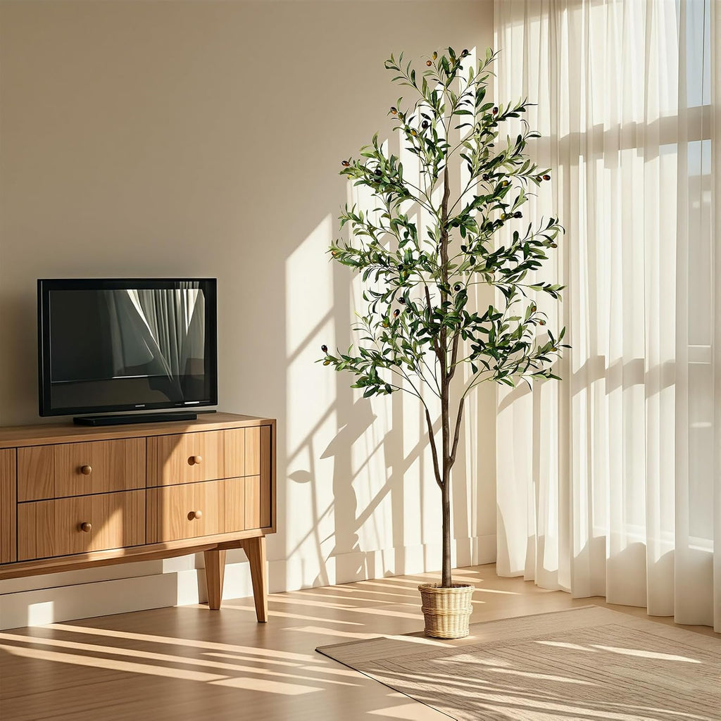 Olive Tree, 6FT Tall Faux Olive Tree with Lights Moss and Planter, Olive Trees Artificial Indoor with Realistic Wood