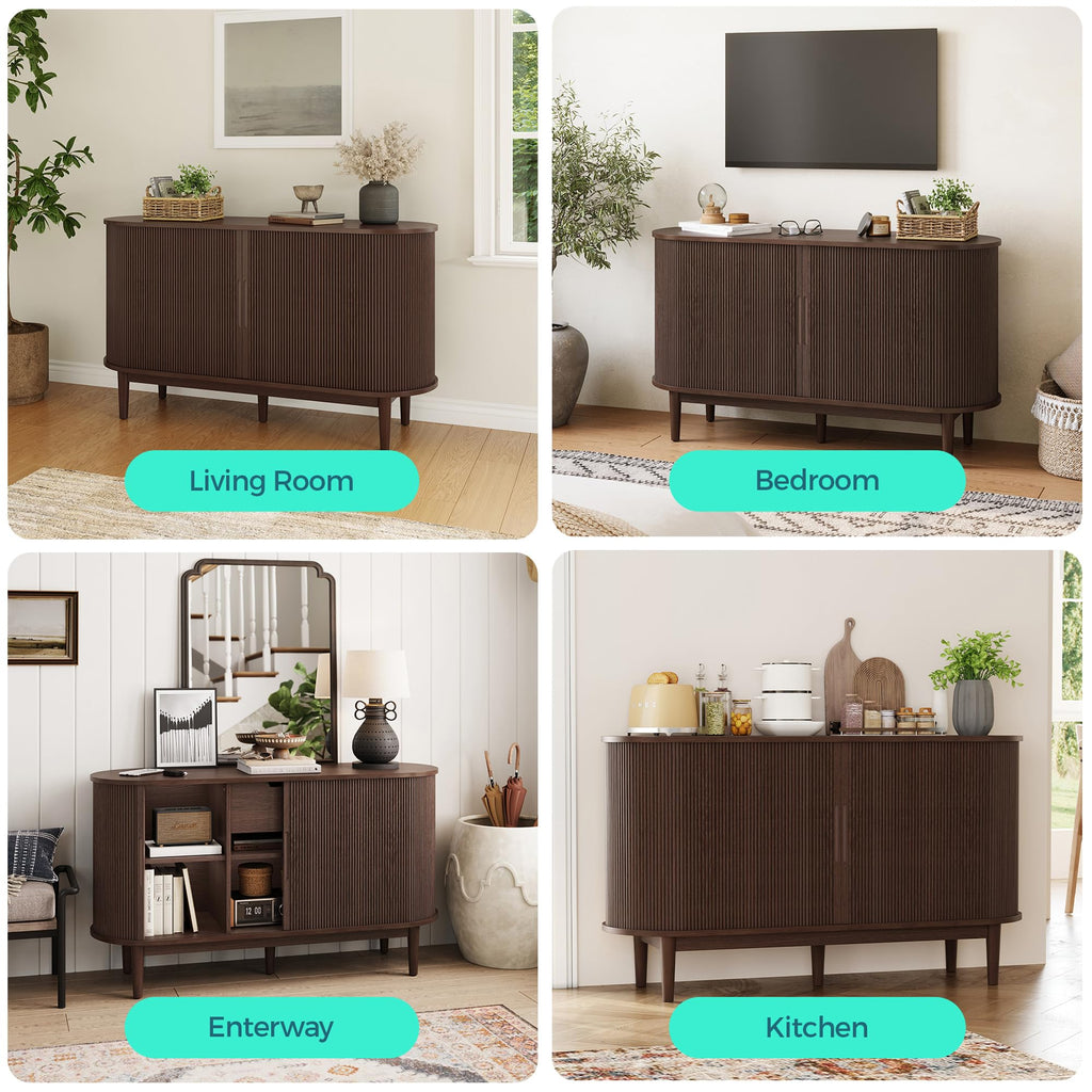 Sideboard Buffet Cabinet with Storage, 55" Fluted Coffee Bar Cabinet with Tambour Sliding Doors and Drawer, Mid