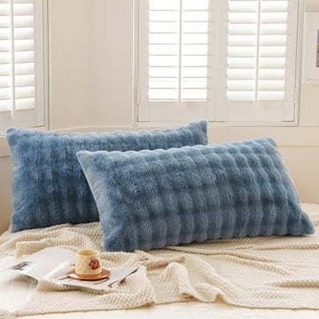 Set of 2 Faux Fur Pillowcases, Luxury Bubble Waffle Carved Plush King Size Pillow Shams Soft and Furry, Zipper