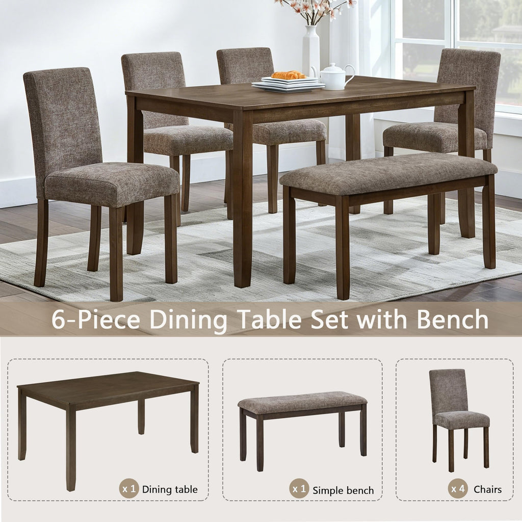 6-Person Farmhouse Dining Table Set, 58.5 Inch Wooden Kitchen Table with Bench and Chairs, Rubberwood & MDF