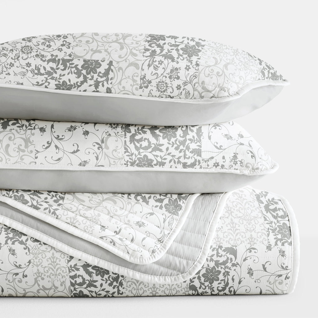 Gray 3-Piece Full/Queen Quilt Comforter with 2 Shams | Lightweight, All-Season, Paisley Stitched Bedspreads | Modern