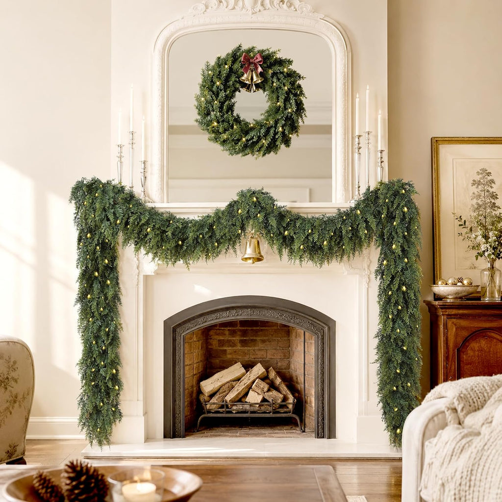 18FT Pre-Lit Christmas Garland, Realistic Artificial Cedar Garland, 1 Pc