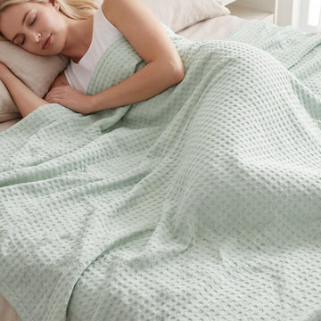 Cooling Waffle Blanket for Bed, Twin Size 60" x 90", Green | 100% Rayon Derived from Bamboo, Lightweight Breathable