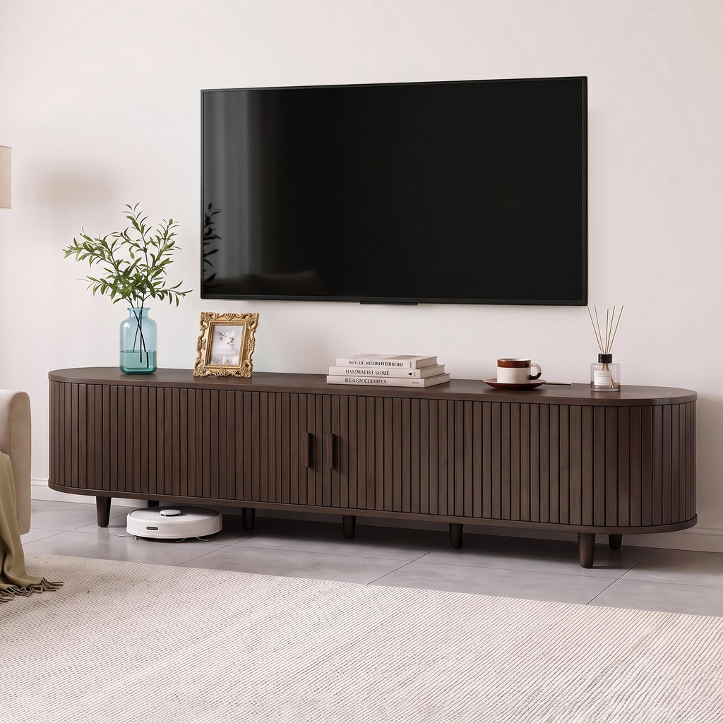 90" Mid-Century Modern TV Stand with Sliding Doors, TV Consoles with Power Outlet, Fluted Entertainment Center with