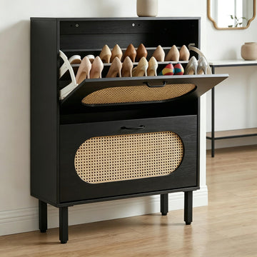 Shoe Storage Cabinet with 2 Flip Drawers, Freestanding Narrow Shoe Rack Organizer, Natural Semi-Circular Rattan