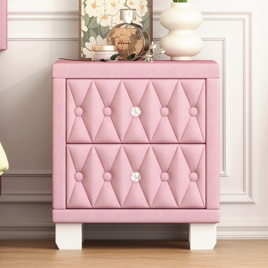 Velvet Nightstand with 2 Storage Drawers and Crystal Handle, Button Tufted End Table, Pink