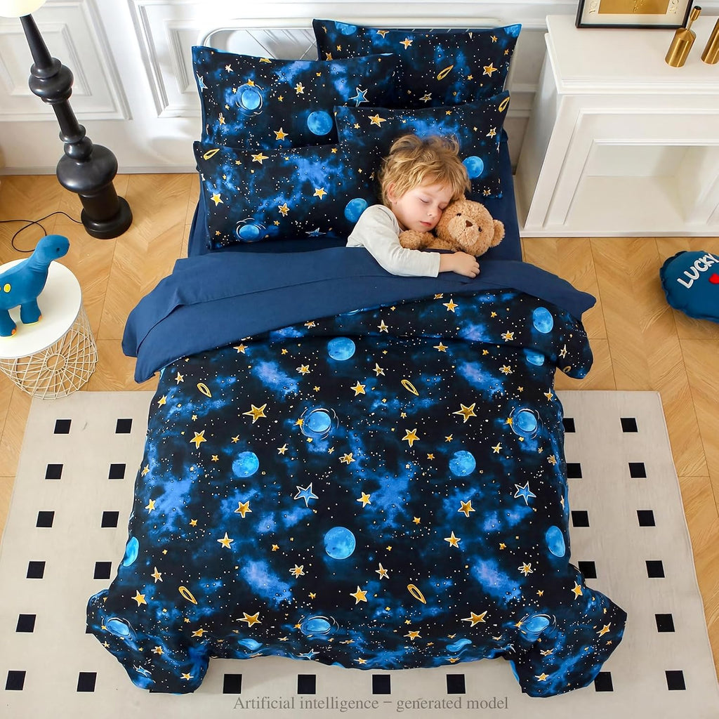 Kids Comforter Sets Full for Boys, Glow in The Dark Blue Starry Sky Space Bedding Set 4 Pieces - Boy Soft Bed Set