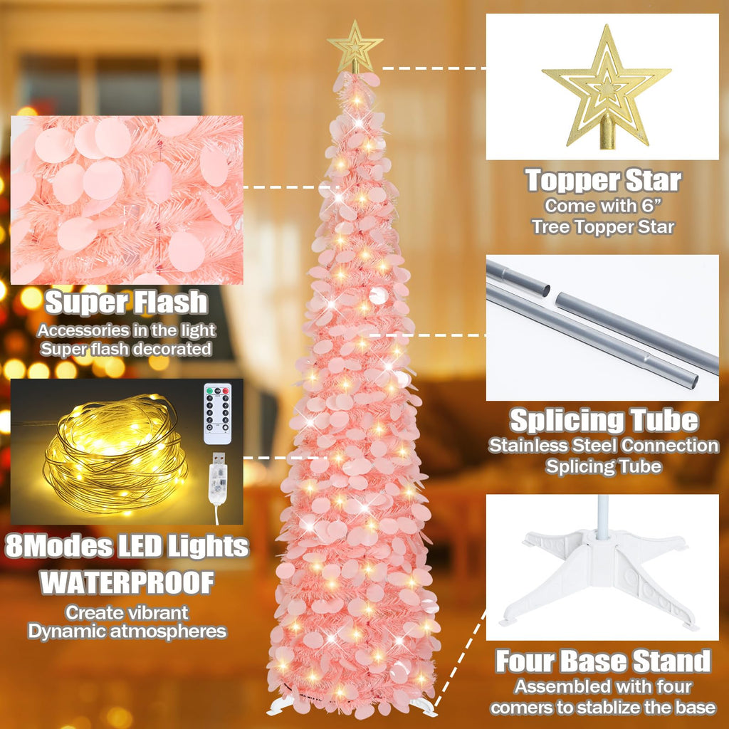 6 FT Pop Up Christmas Tree with 100 LED Timer Lights & Remote, Pink Collapsible Christmas Tinsel Tree Artificial