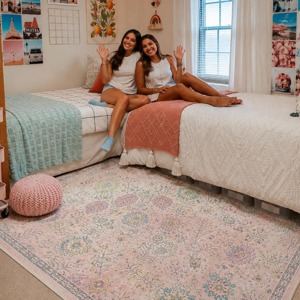 Pink Rug for Girls Bedroom 5x7, Soft Washable Floral Dorm Rug, Boho Non Slip Pastel Classroom Carpect Room, Kids