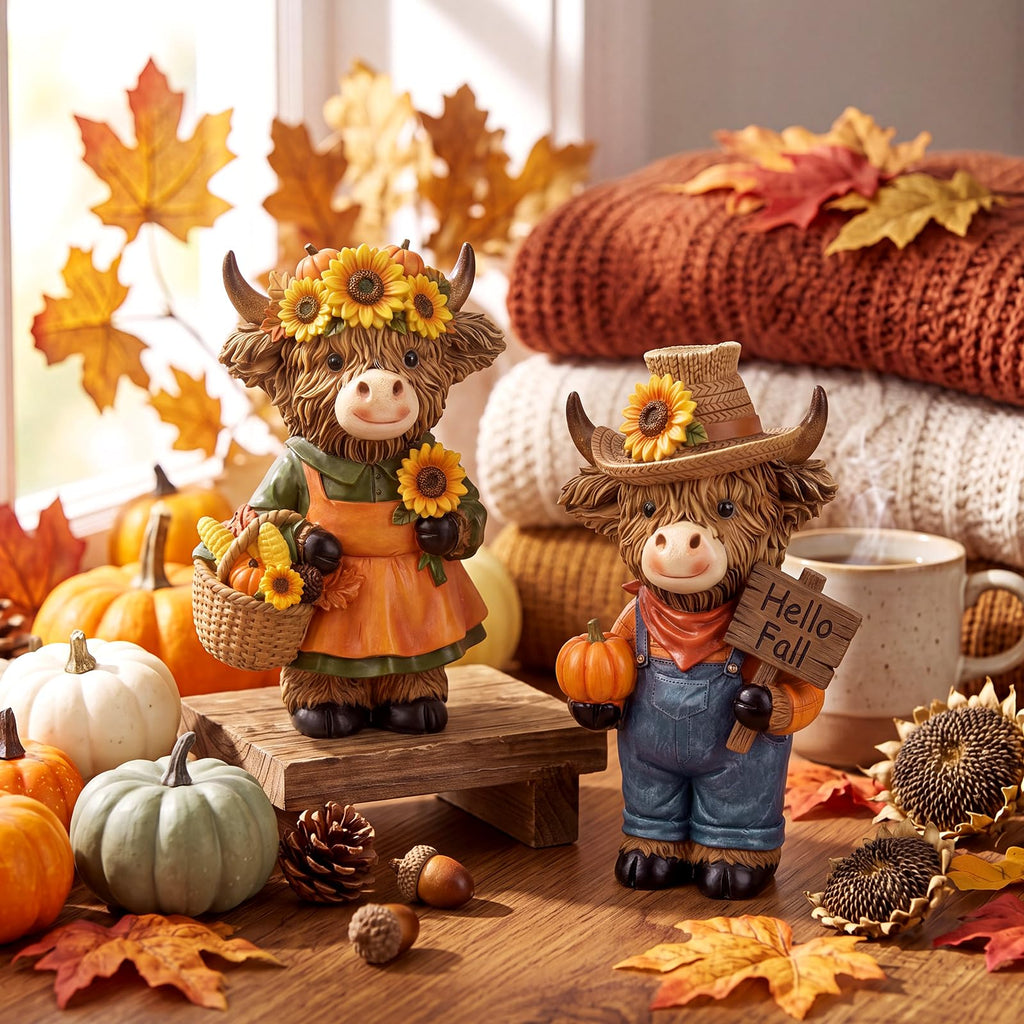 2 Pcs Fall Highland Cow Figurines Gifts, Resin Table Decor