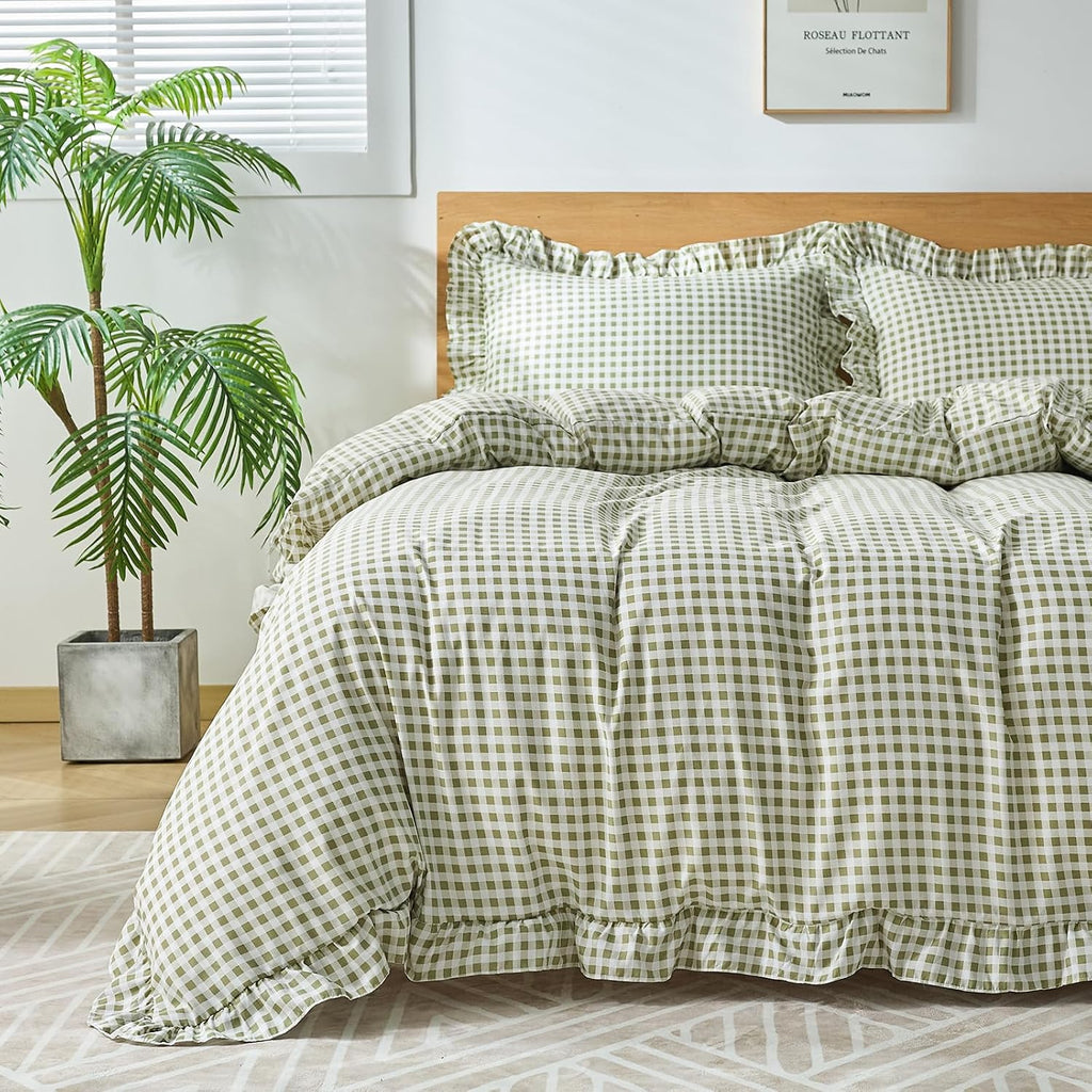 Gingham Duvet Cover Queen, 3 Pieces Soft Breathable Microfiber Plaid Duvet Cover with Zipper Closure & 2 Pillow