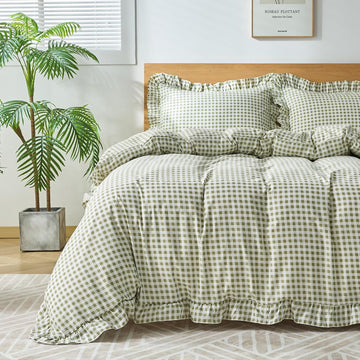 Gingham Duvet Cover Queen, 3 Pieces Soft Breathable Microfiber Plaid Duvet Cover with Zipper Closure & 2 Pillow