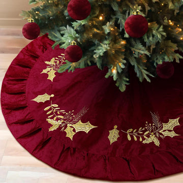 Christmas Tree Skirt, 72 Inches, Gold Embroidered Holly Style, Red