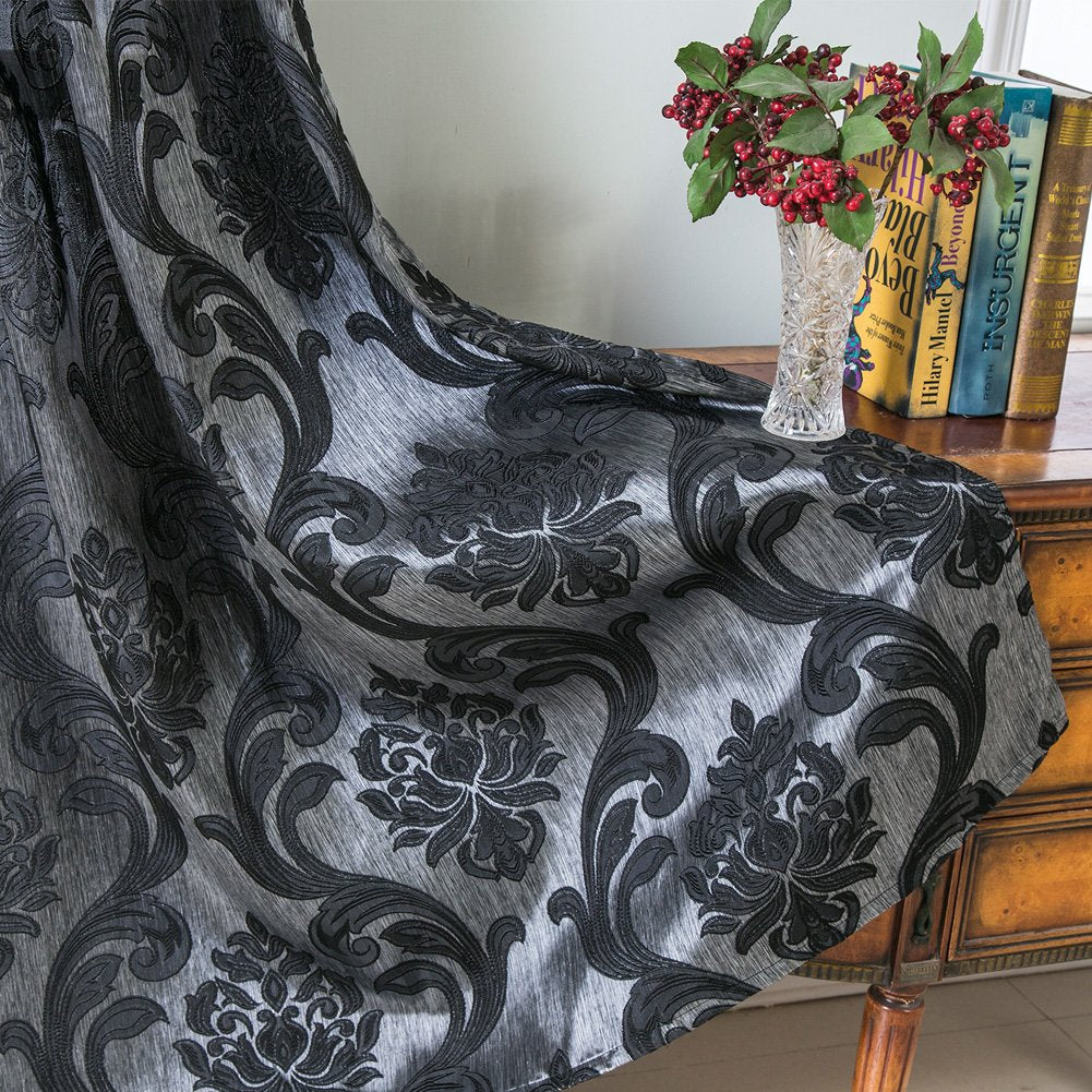 Damask Curtains, Gothic Drapes with Floral Patterns, Black Victorian Curtains 96 Inch Length, Set of 2 Panels, Each