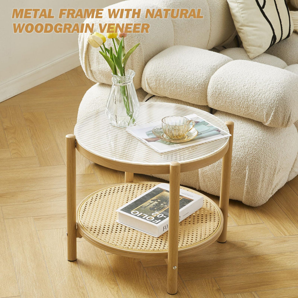 19.6" Boho Rattan Coffee Table, Round Tempered Glass Metal