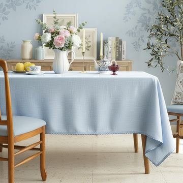 Cotton Tablecloth 60 x 90 Inch Rectangle - Sky Blue Table Cloth with Embroidered Edge Trim - Table Cover, Farmhouse