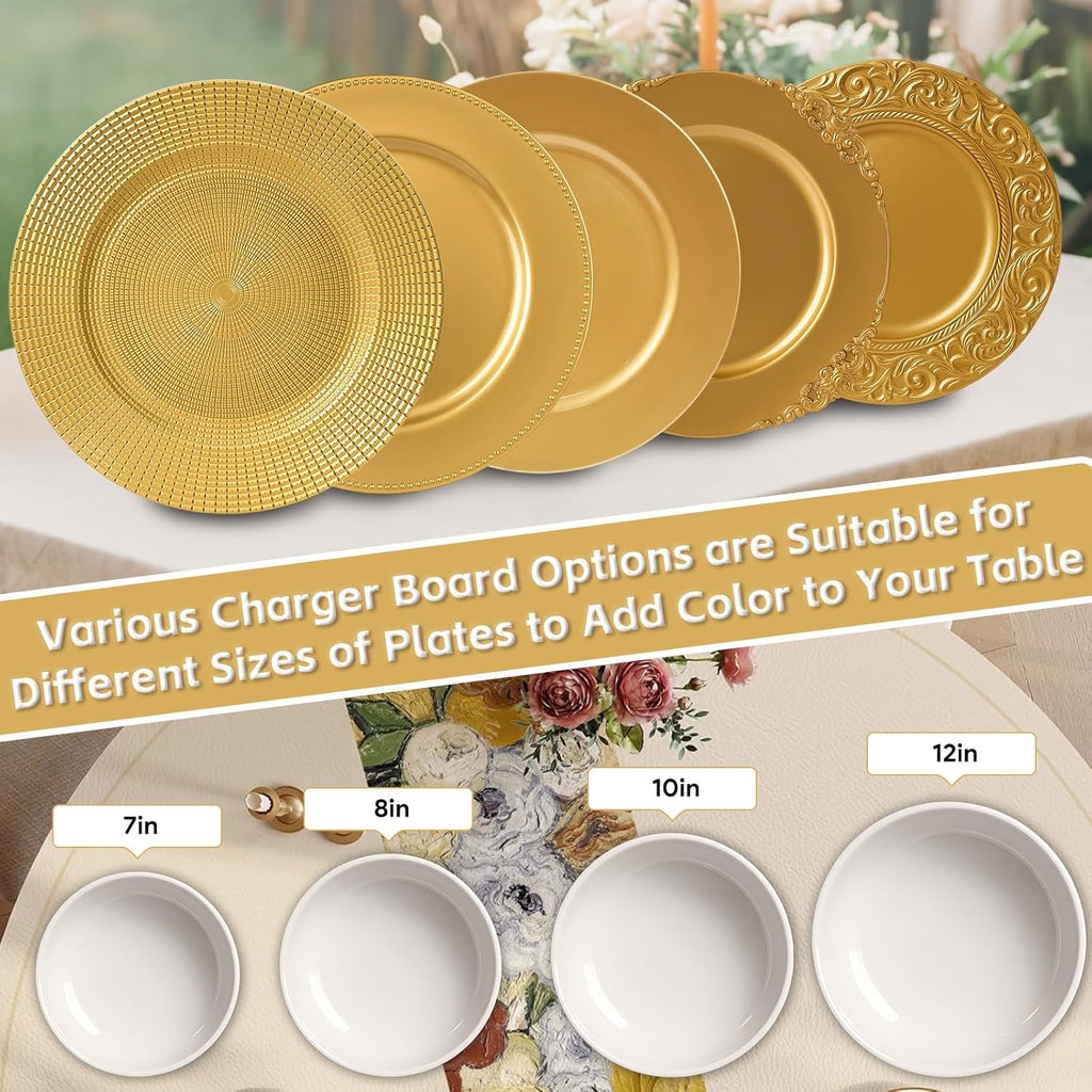 Gold Charger Plates Bulk, 13" Reusable Reef Serving Gold Chargers for Dinner Plates , Round Plastic Shiny - Set of 100
