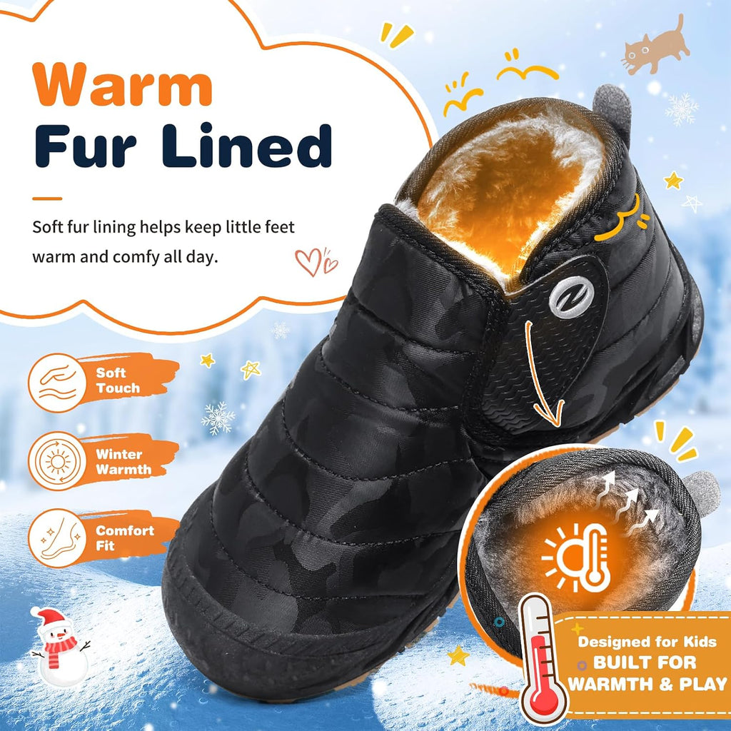 Kids Snow Boots Boys Girls Winter Warm Fur Lined Double Hook & Loop