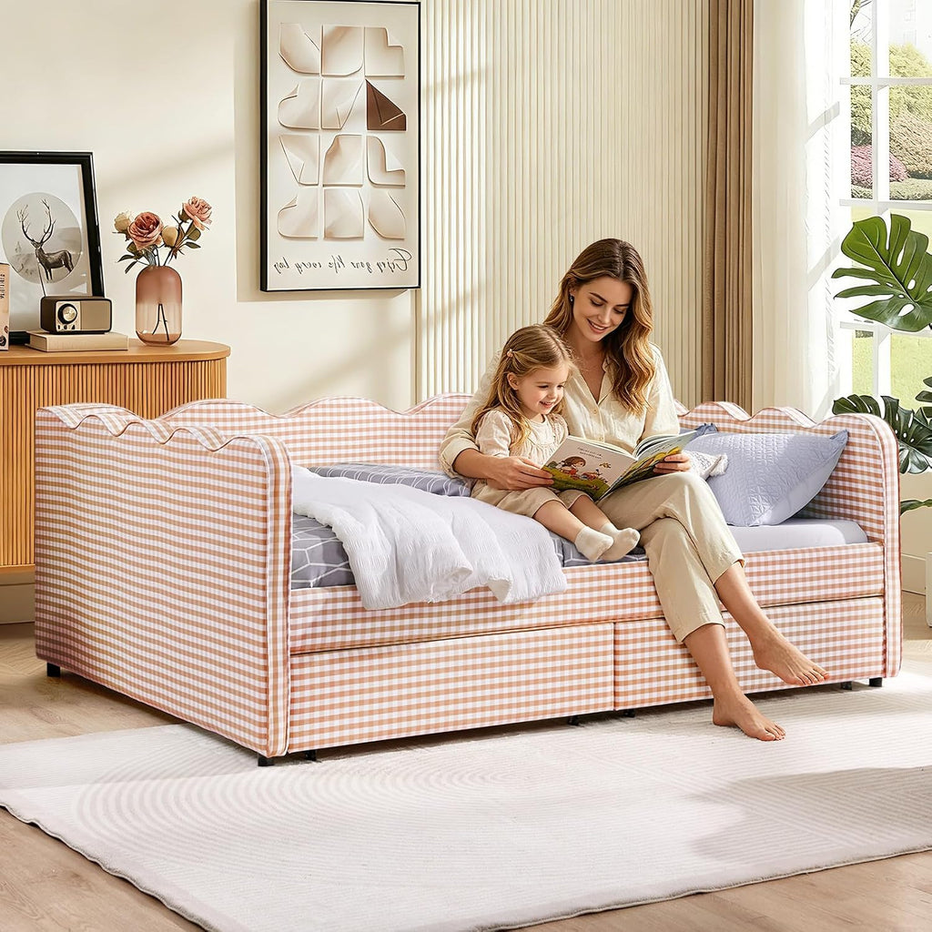 Queen Size Gingham Daybed with Storage Drawers, Upholstered Linen Day Bed Frame with USB Ports & Wave-Shaped