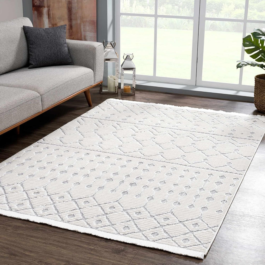 Trellisade Collection Living Room Area Rug - Moroccan Trellis Farmhouse - High Low Fringe Carpet - White, Cream, Gray