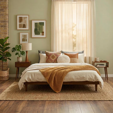 Fly Wooden Bed Frame Without Headboard, Crafted from Walnut, Rubber Wood with Silent Slats and Wood Central Supports