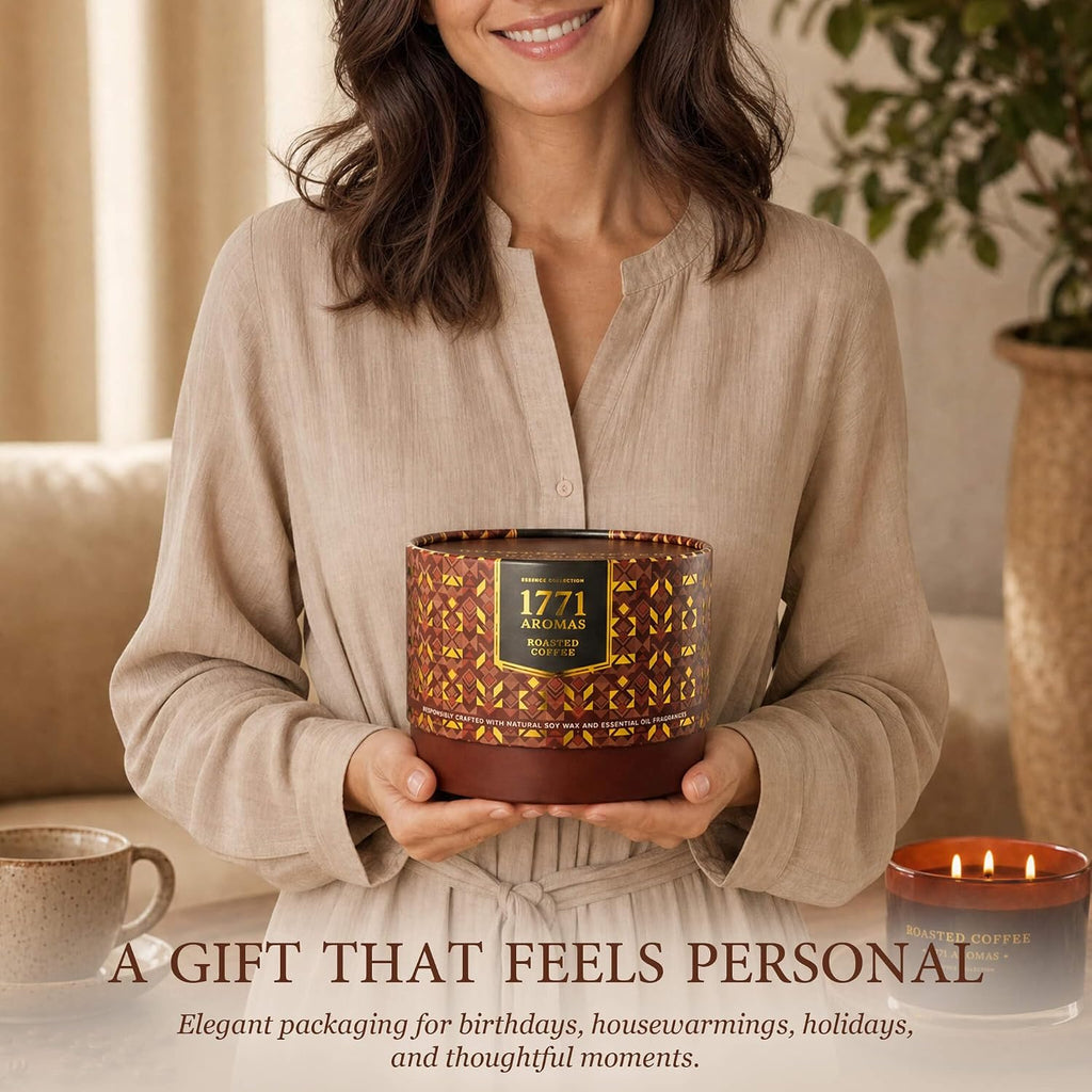 Roasted Coffee Scented Candle - 100% Natural Soy Wax - Large 3 Wick Jar - Up to 40 Hours Burning Time - Aromatherapy