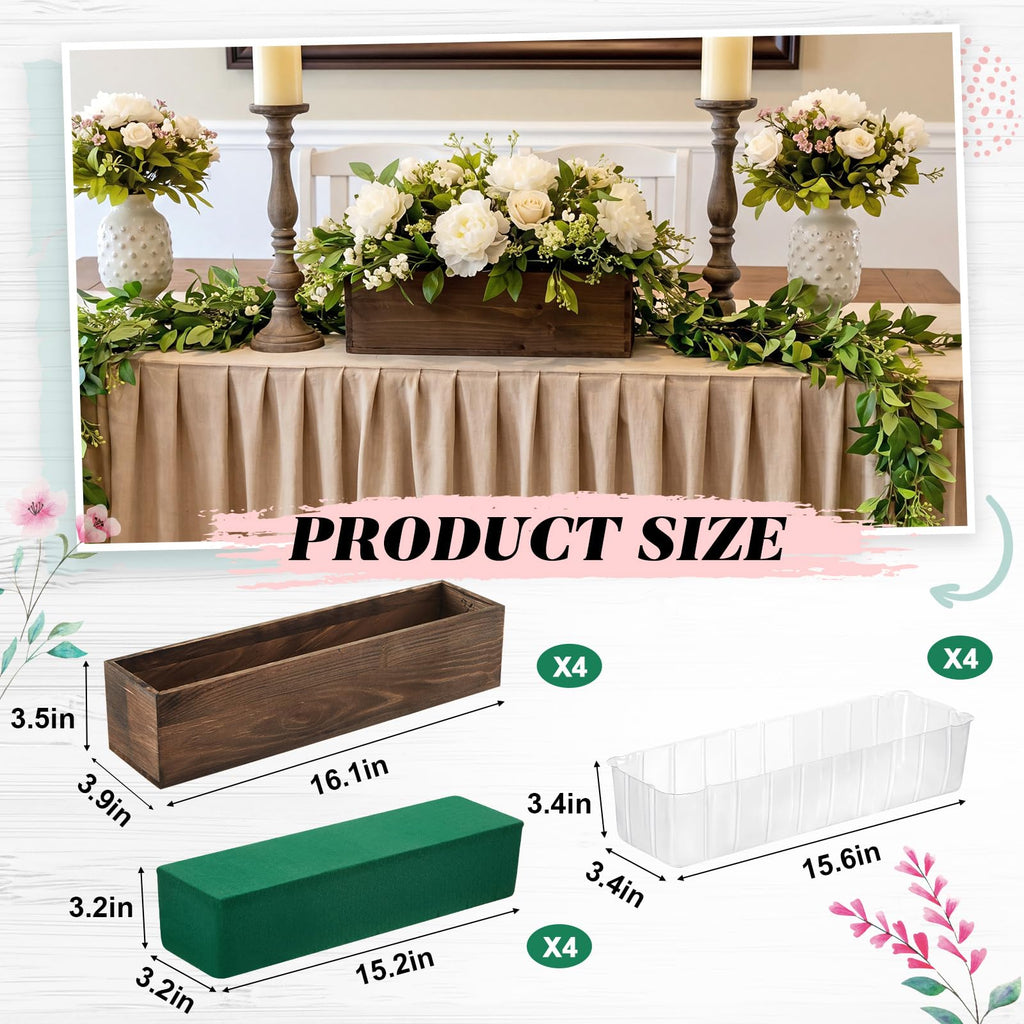4 Set Wood Boxes for Centerpieces 16x4 Inch Rectangle Wooden Planter Box Rustic Wooden Planters with Removable