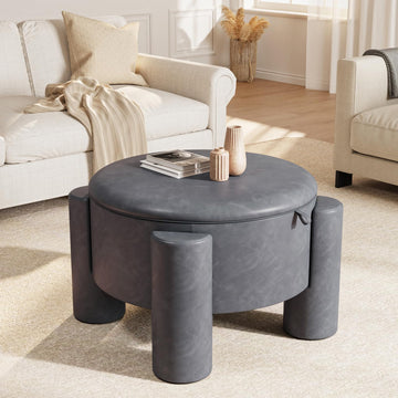 24 Inch Round Small Ottoman with Storage, Faux Leather