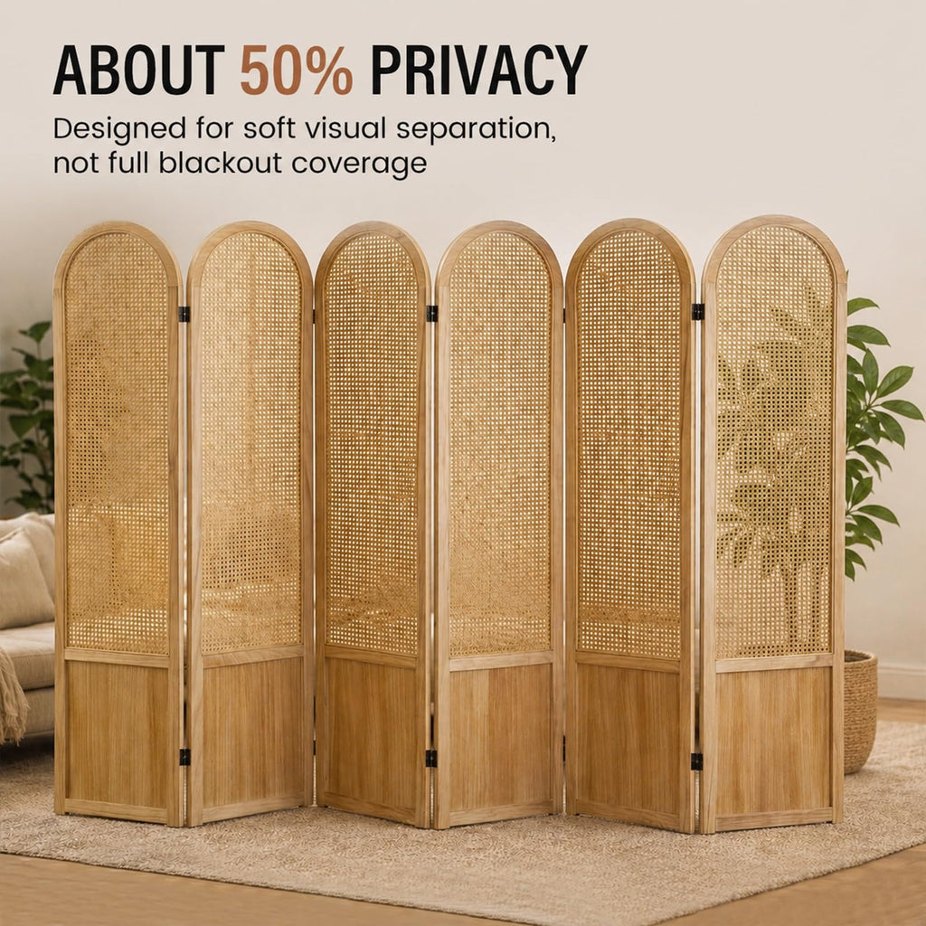 6 Panel Rattan Room Divider Screen, Boho Folding Privacy Screen