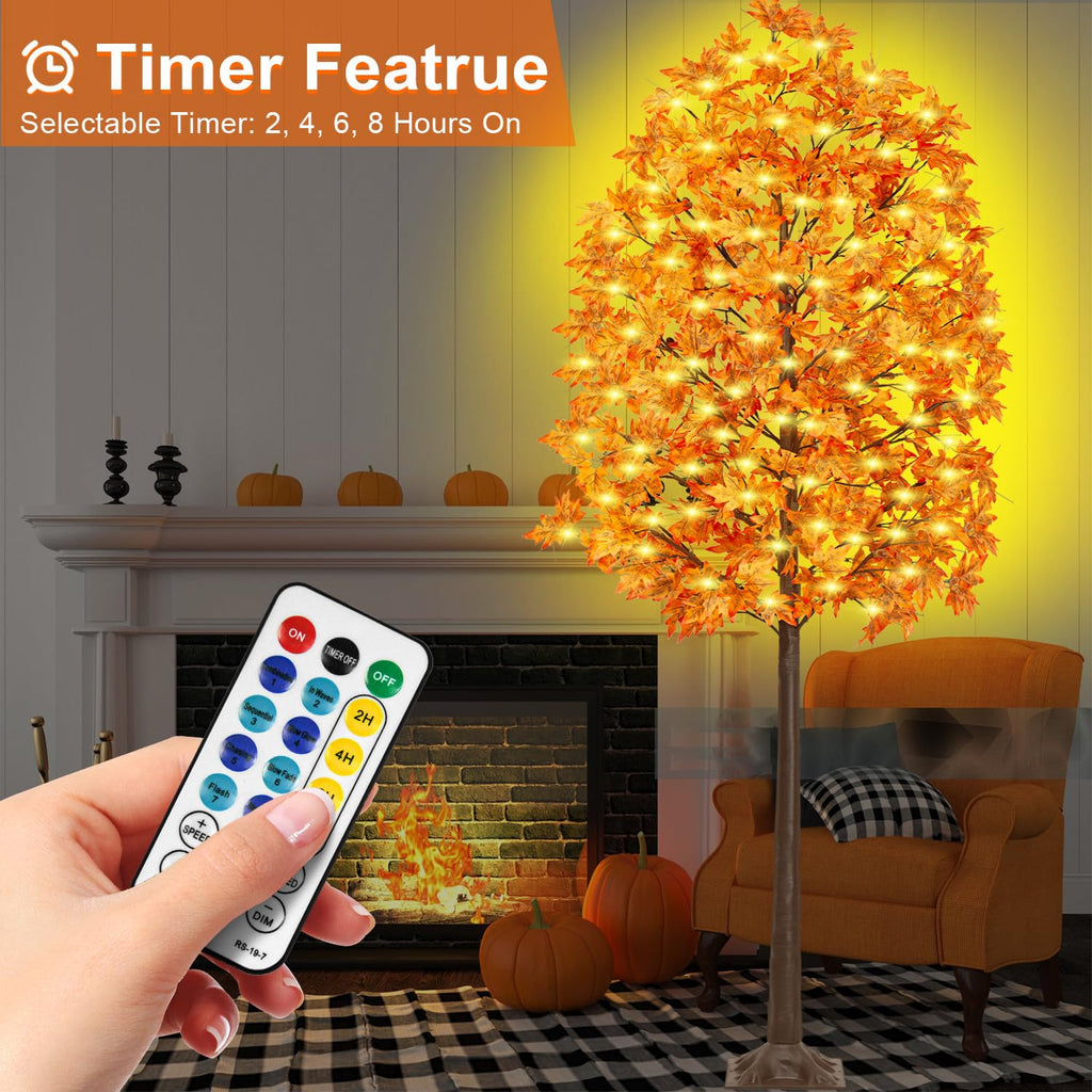 8FT 210 LED Lighted Maple Tree - Thanksgiving Decor Artificial Fall Tree with 21 Branches, 21 Acorns 420 Leaves