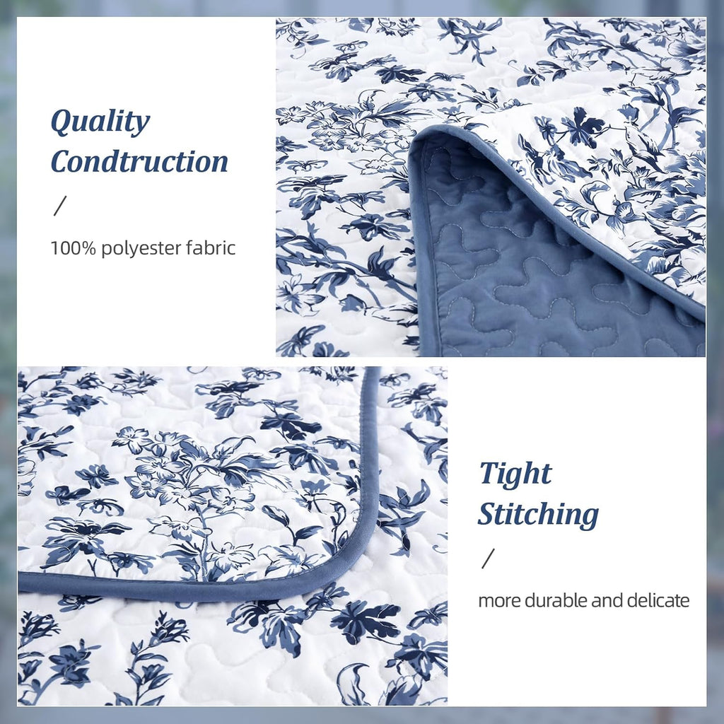 Quilt Queen, Blue Quilt Bedding Set with 2 Pillowcases, Botanical Quilts for Queen Bed, Soft Microfiber Lightweight