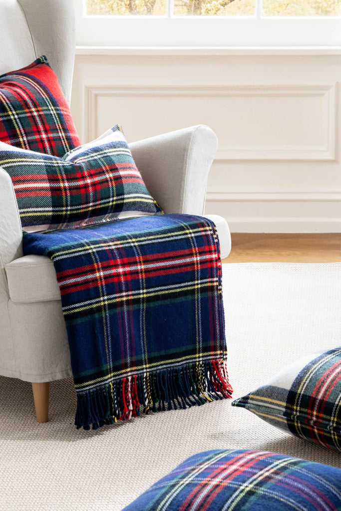 Merino Wool Tartan Plaid Throw Blanket, 50x70, Navy Red