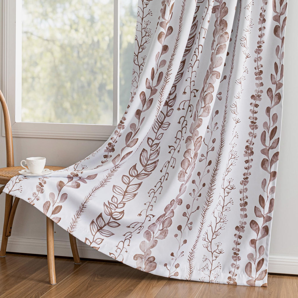 95% Blackout Curtains, Thermal Insulated Privacy Protection Back Tab Curtains 72 Inches Length, Brown Leaf Pattern