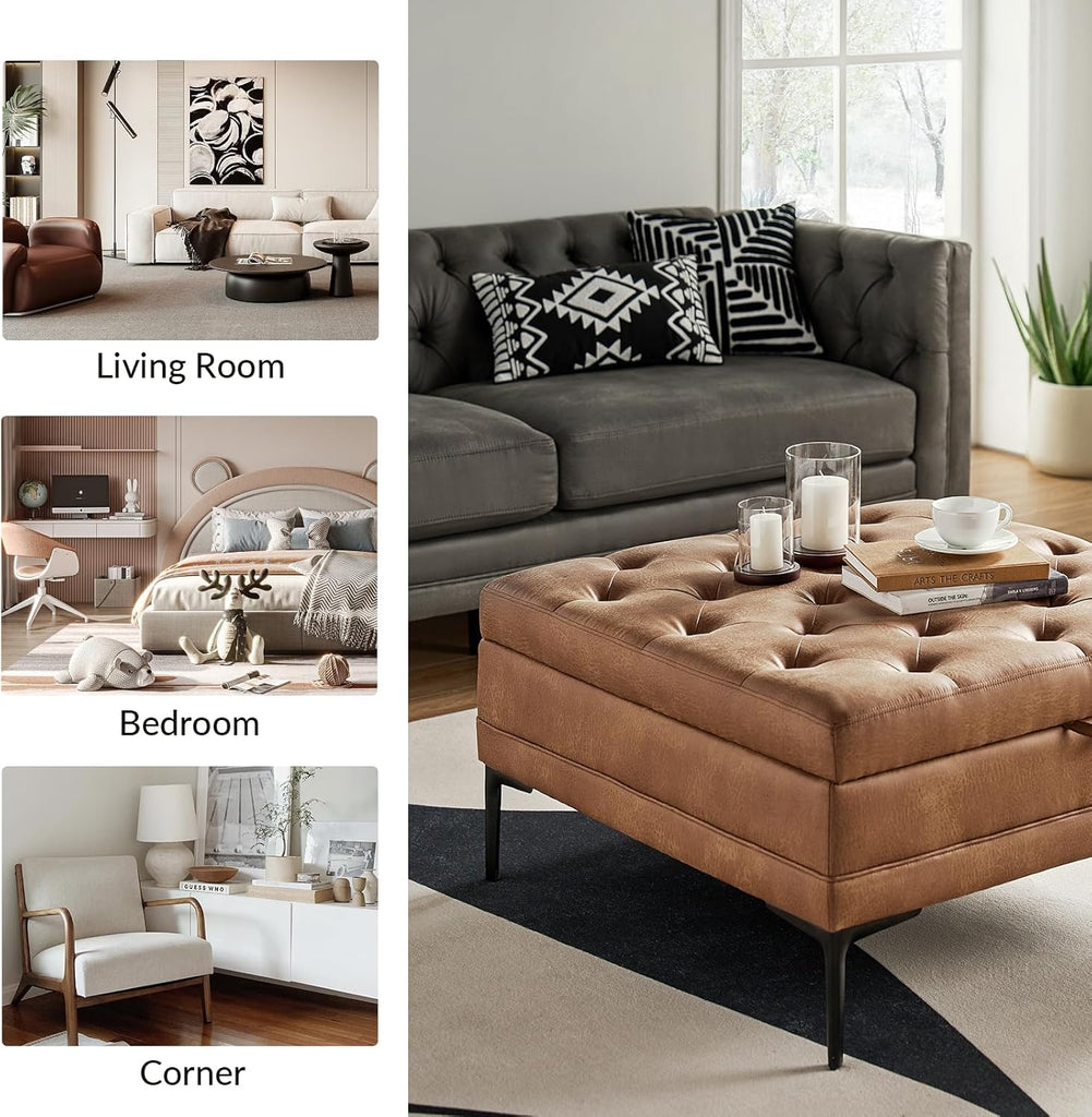 Tufted Faux Leather Coffee Table, Camel | 36.5" Square Storage Ottoman with Metal Legs, Large Upholstered Ottoman for