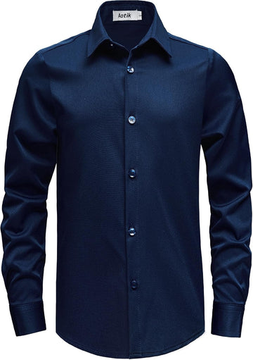 Boys Stretch Wrinkle Free Dress Shirt Long Sleeve Button Down Shirt