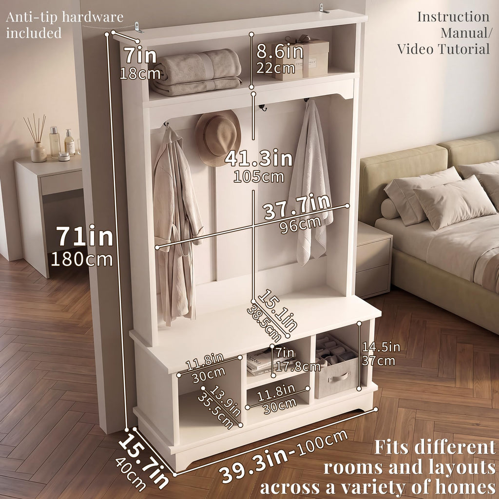 71" Hall Tree with Bench and Shoe Storage, Wood Entryway Coat Rack, White