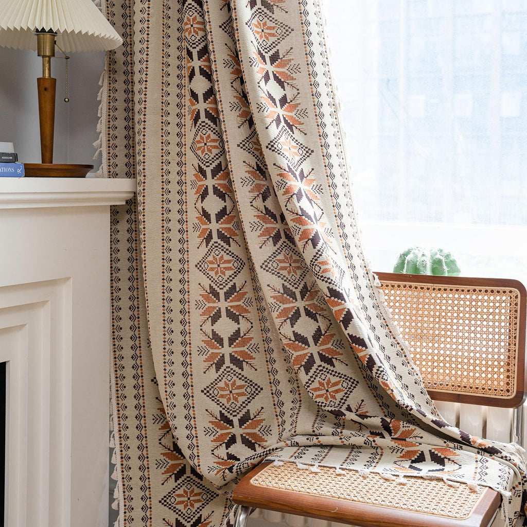Boho Curtains 63 Inch Length 2 Panels Geometric Patterned Drapes Bohemian Semi Sheer Rod Pocket Tassel Short Window
