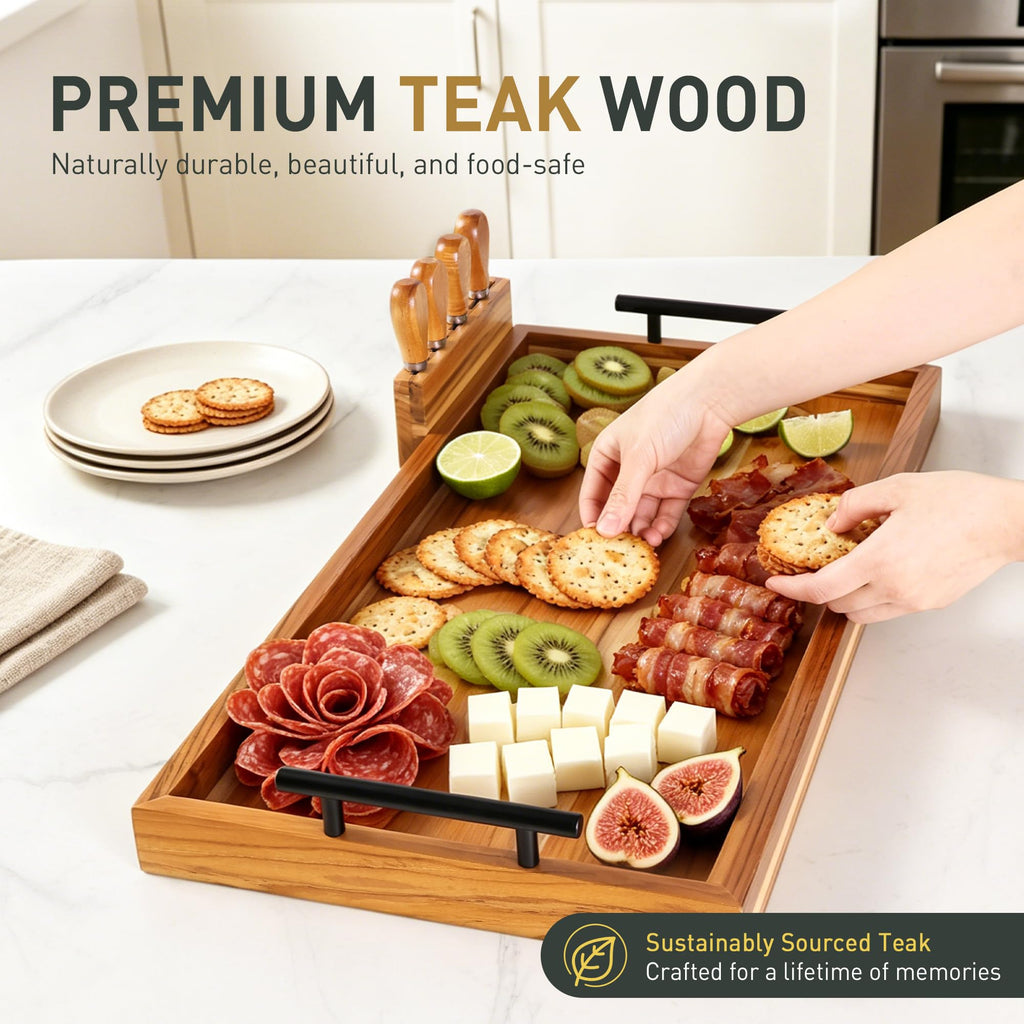 30 in Teak Big Charcuterie Board with 4-Piece Cheese Knife Set