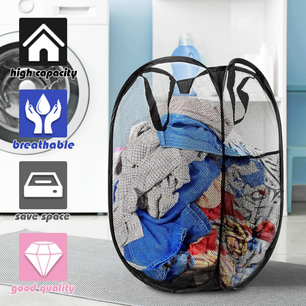 Collapsible Pop Up Laundry Hamper, Extra Large Mesh Foldable Laundry Basket Bag, 28" x 16" x 16", 4 Pack (Black +