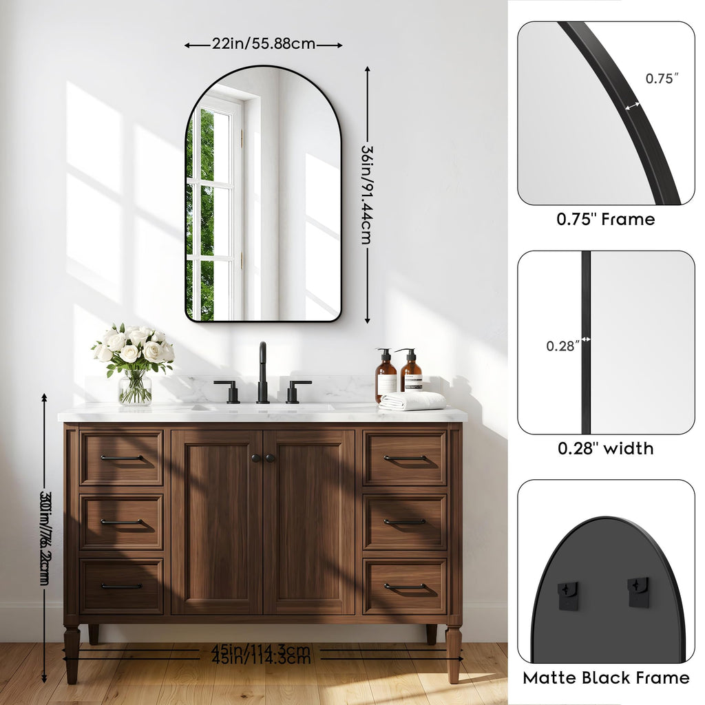 Arched Wall Mirror,22x36 inch Black Arched Mirror Bathroom,Vanity Mirror for Over Sink Metal Frame,Tempered Glass