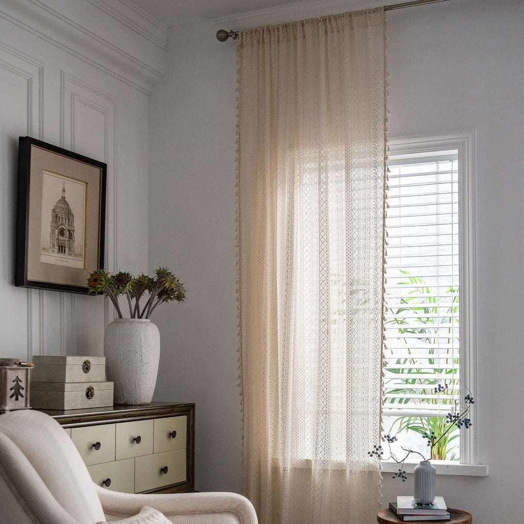 Beige Boho Lace Sheer Curtains 84 inches Long, Crochet Macrame Semi-Sheer Bohemian Drape with Tassels, Cream Farmhouse