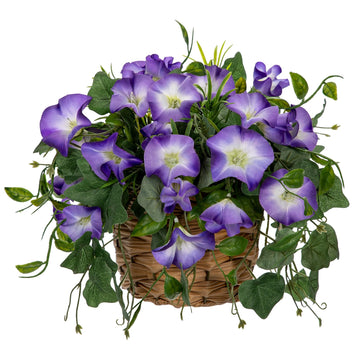 Faux Floral Centerpieces with Rattan Basket Artificial Potted Morning Glory Silk Flowers Fake Flower Arrangement
