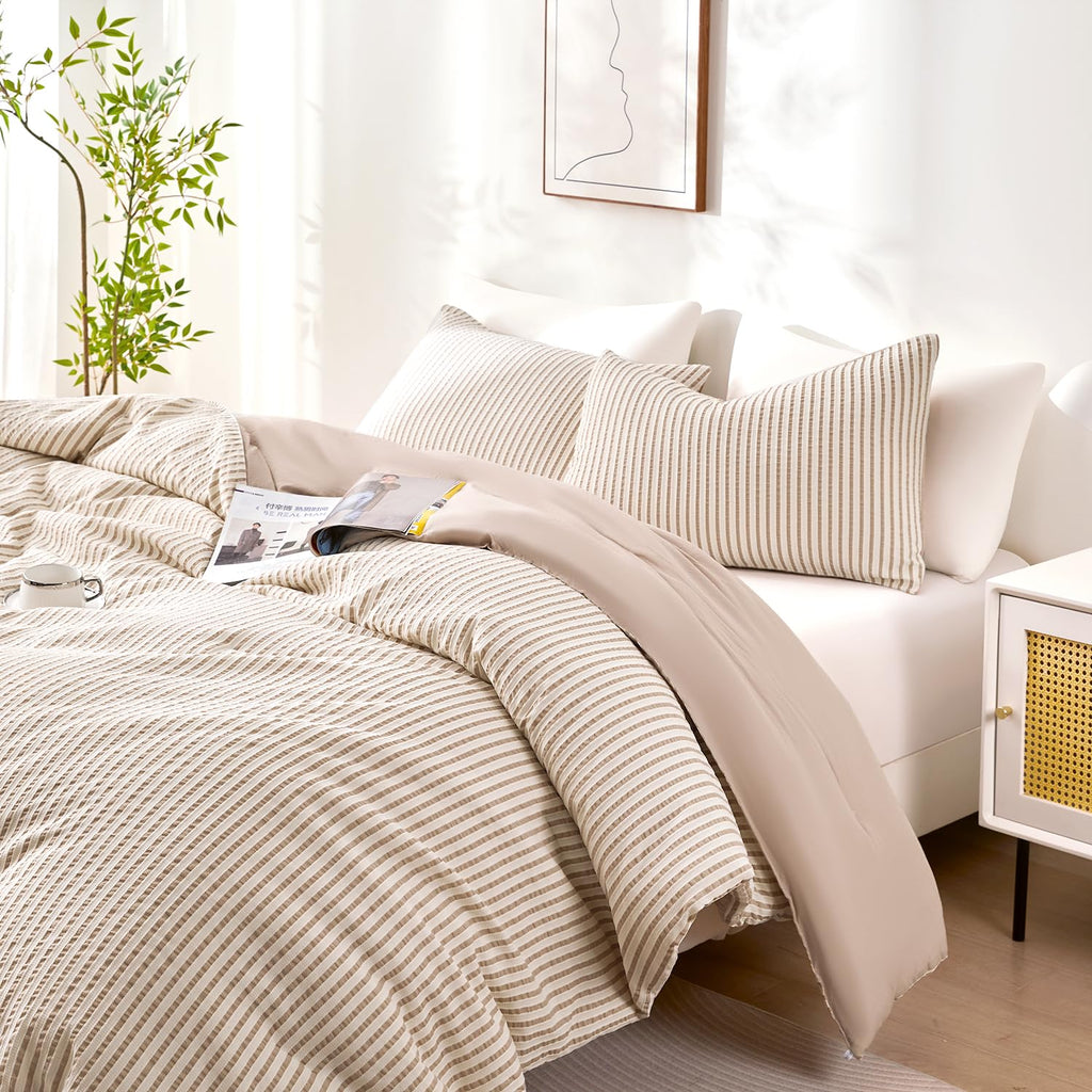 Boho Comforter Set Queen Size Tan Beige & White Striped Tufted Bedding 3 Pcs