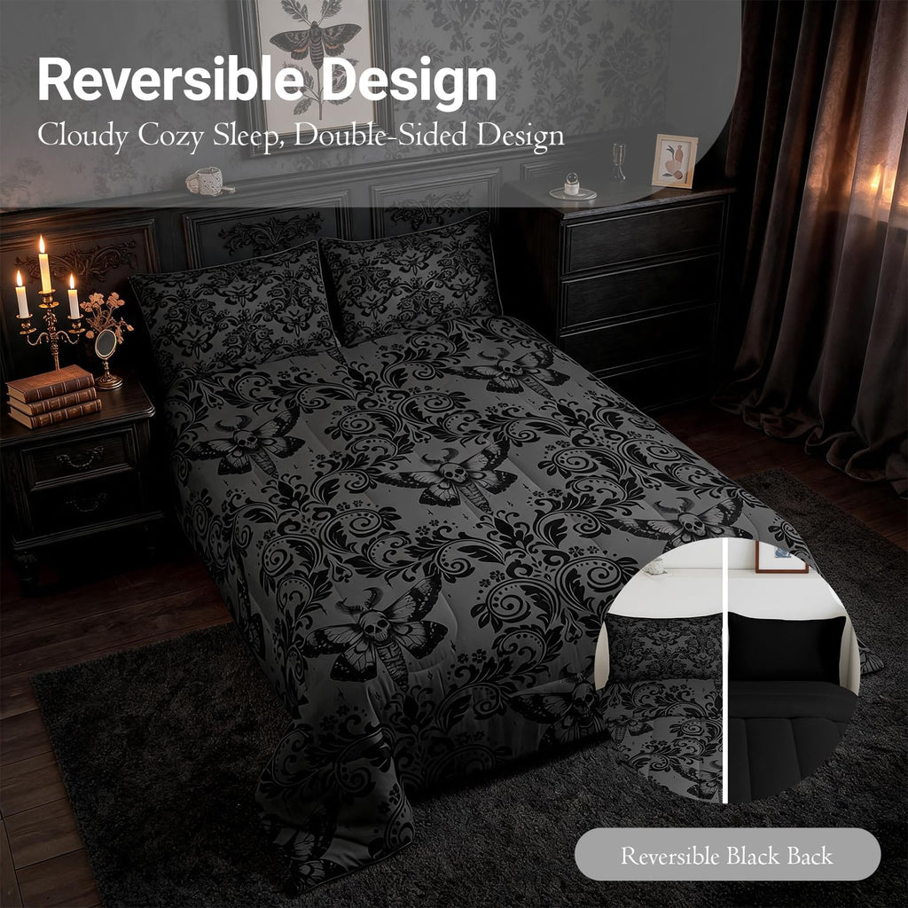 Gothic Death Moth Damask Comforter Set Queen Size Bedding Set