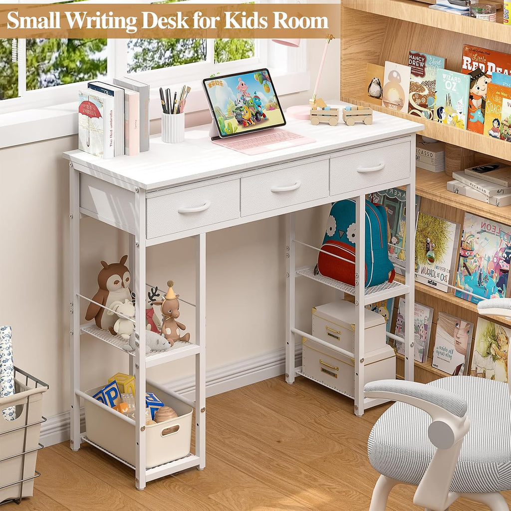 White Computer Desk with Drawers, 35.5 Inch Home Office Work Table with Bookshelf, Kids Teens Study Writing Table